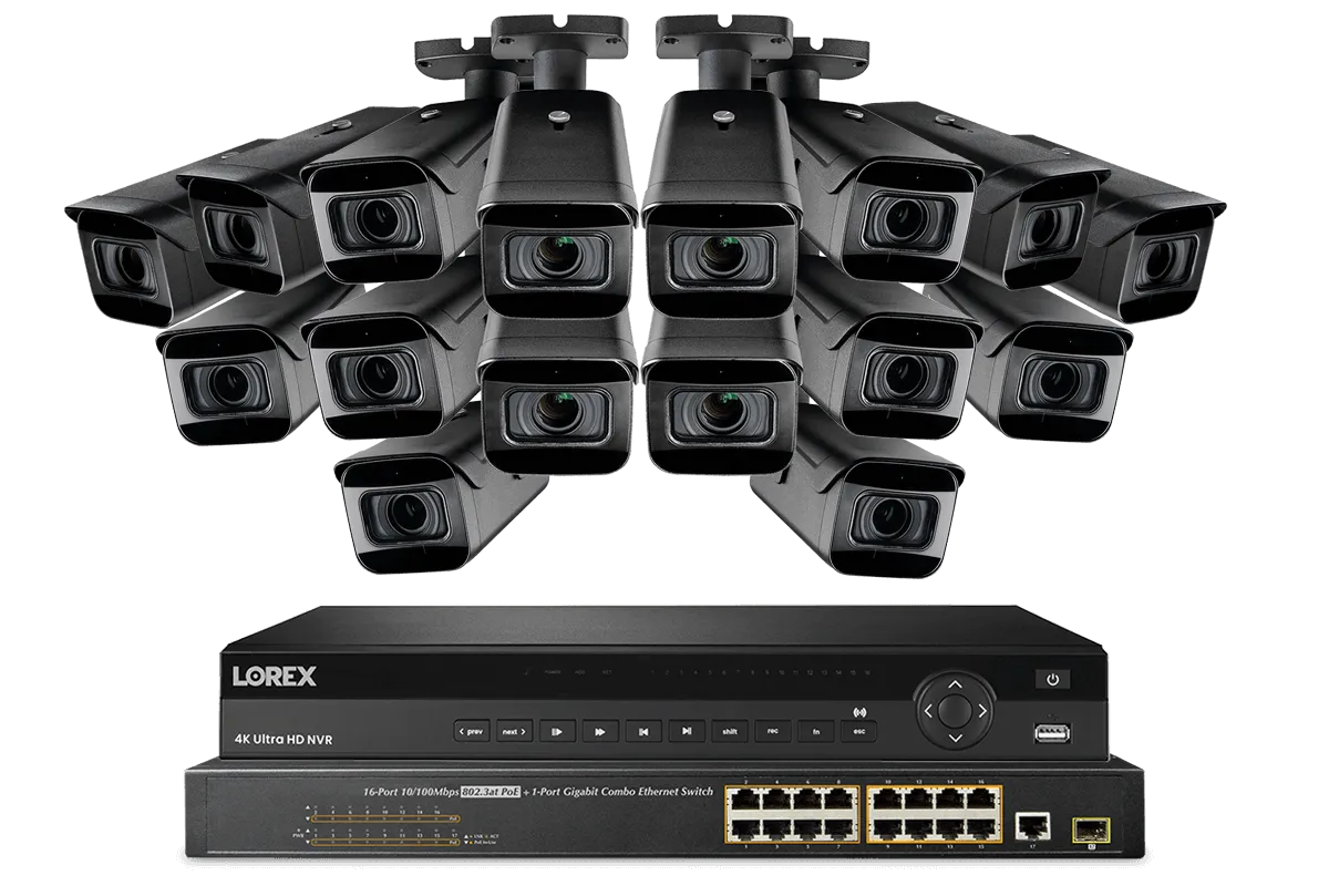 4K HD IP 32-Channel Security System featuring Sixteen Motorized Zoom Lens Security Camera with Audio Recording