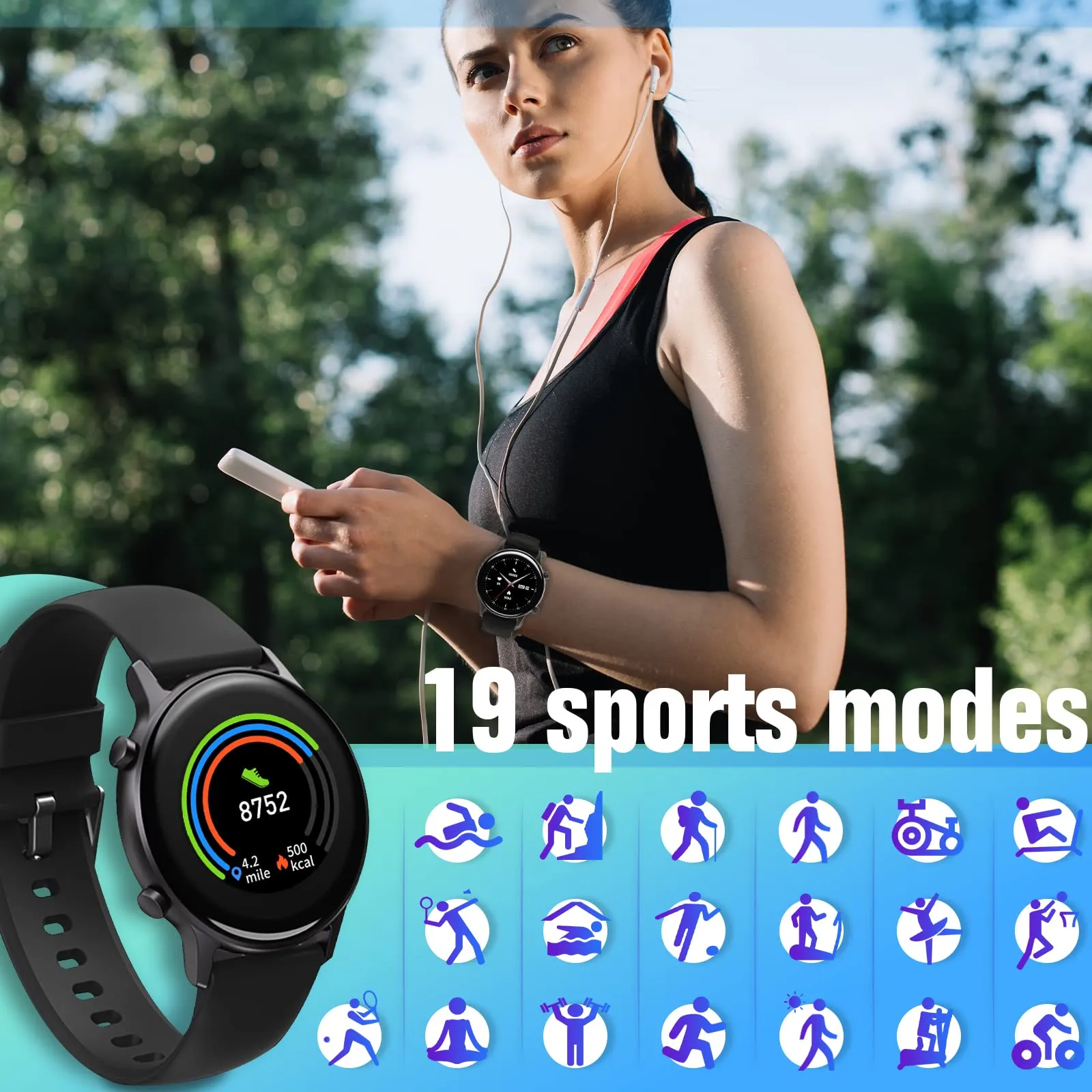 75 75PAI Smart Watch Round for Men Women Smartwatch for Android and iOS Phones Activity Fitness Tracker Built-in-GPS Calories Burned Digital with 19 Sport Modes/Heart Rate/Blood Oxygen/Sleep