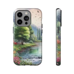 Colorful flowers and nature by a flowing river in spring watercolour effect Tough Cases