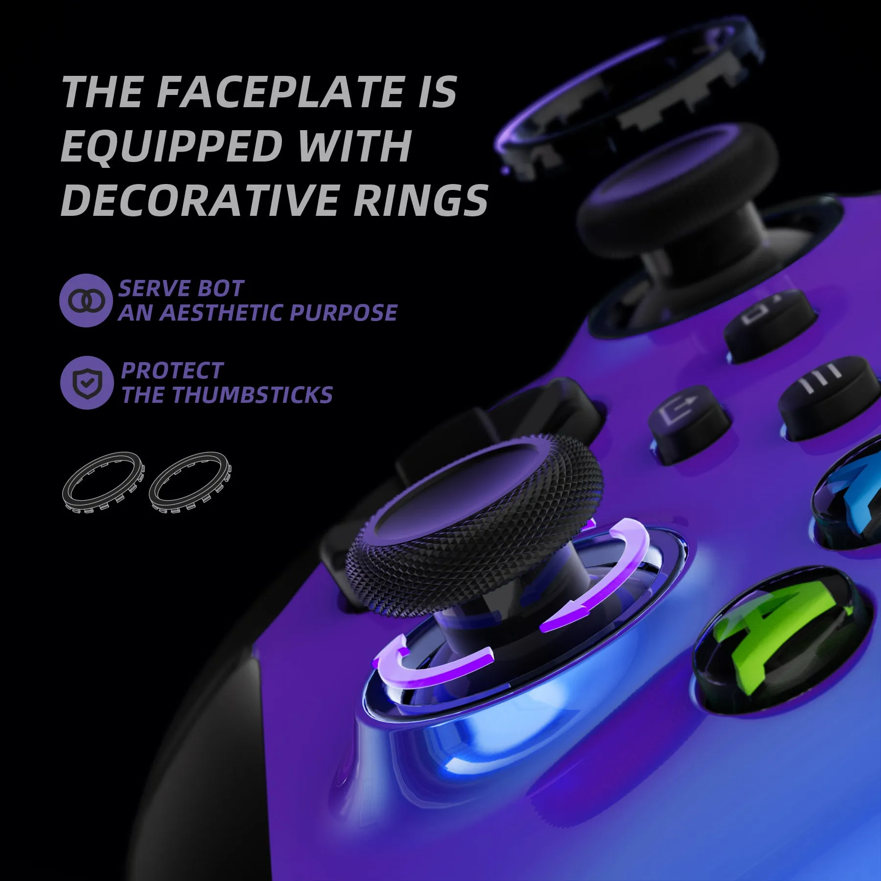 eXtremeRate Chameleon Purple Blue ASR Version Performance Rubberized Grip Front Housing Shell  with Accent Rings for Xbox Series X/S Controller - FX3C3002