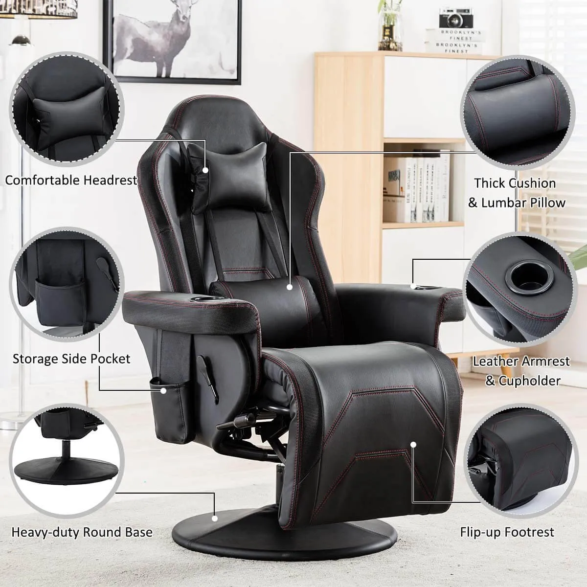 Gaming Recliner, Best Reclining Gaming Chair Racing Style with Cup Holder, Adjustable Footrest & Lumbar Support, Black