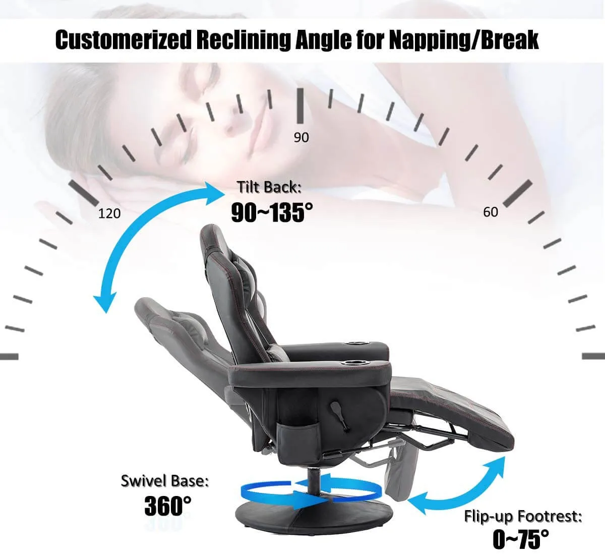 Gaming Recliner, Best Reclining Gaming Chair Racing Style with Cup Holder, Adjustable Footrest & Lumbar Support, Black