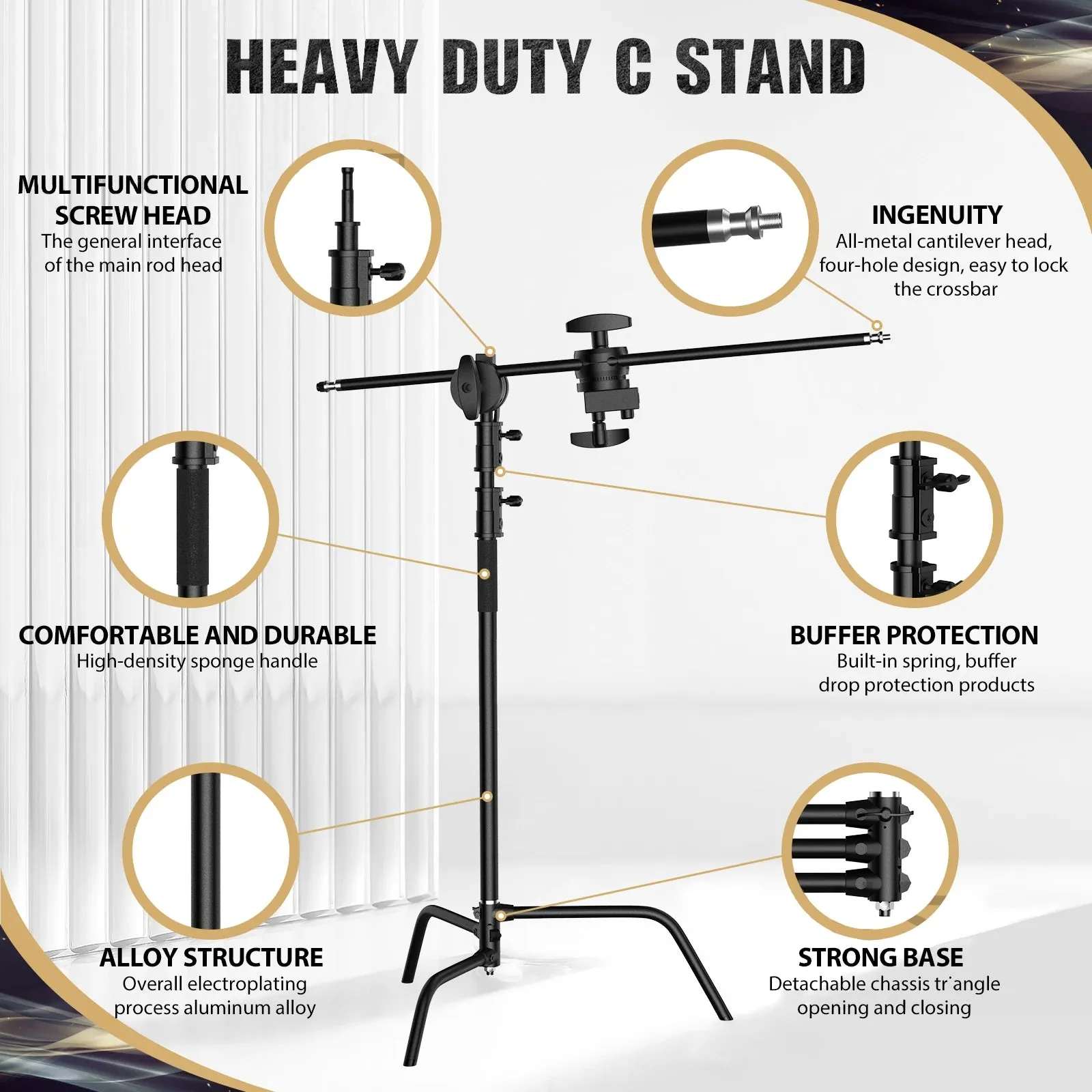 Hridz 150-330cm Black Heavy Duty C-Stand Adjustable Light Stand Load 20KG Capacity