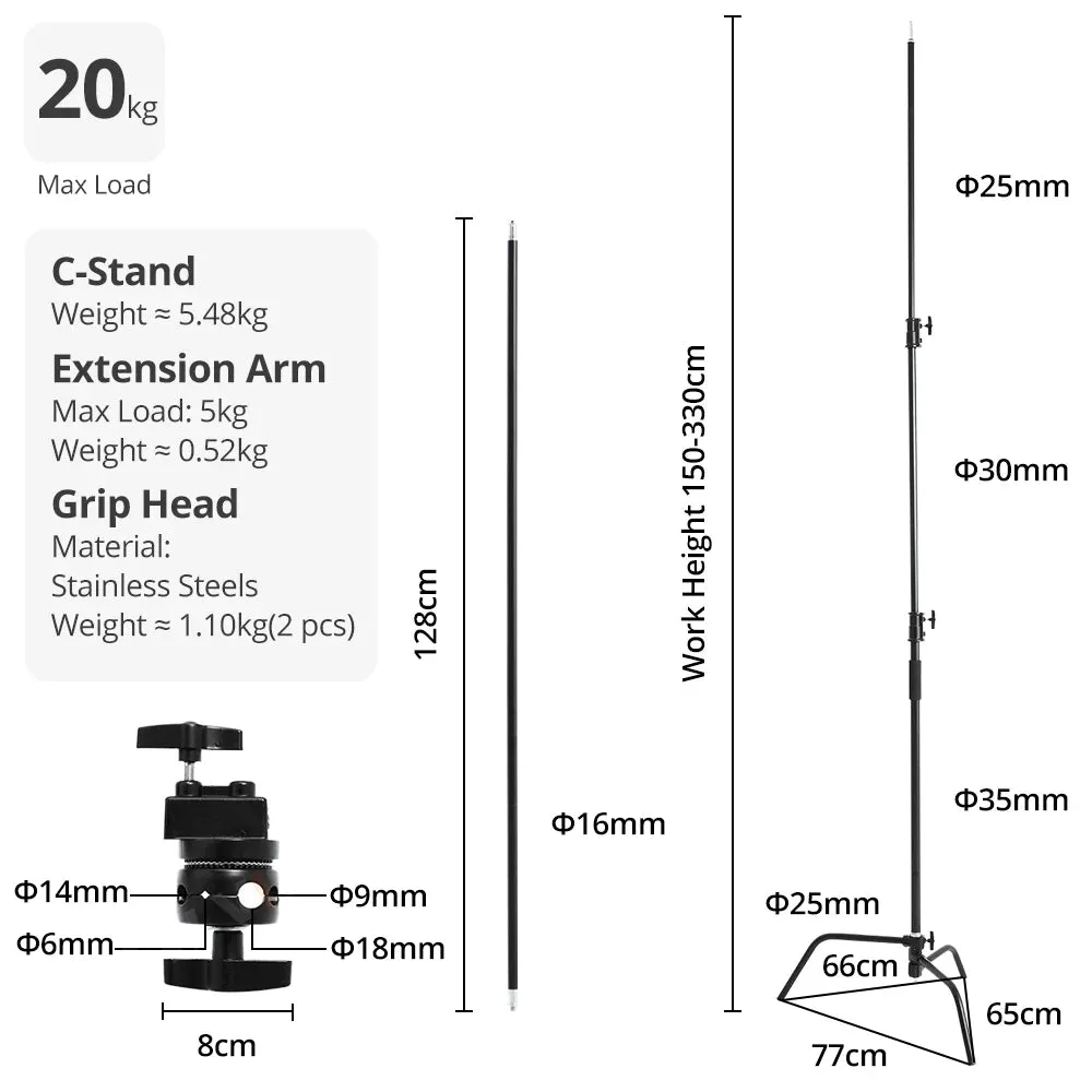 Hridz 150-330cm Black Heavy Duty C-Stand Adjustable Light Stand Load 20KG Capacity