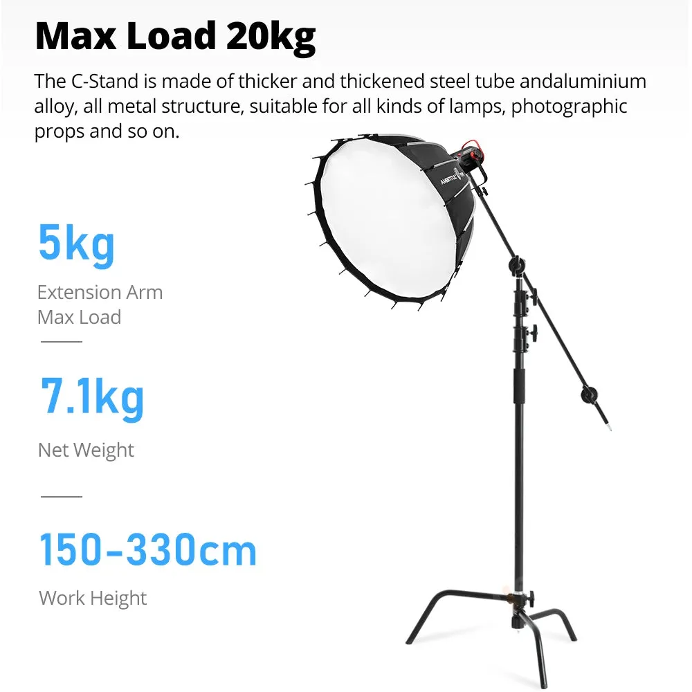 Hridz 150-330cm Black Heavy Duty C-Stand Adjustable Light Stand Load 20KG Capacity