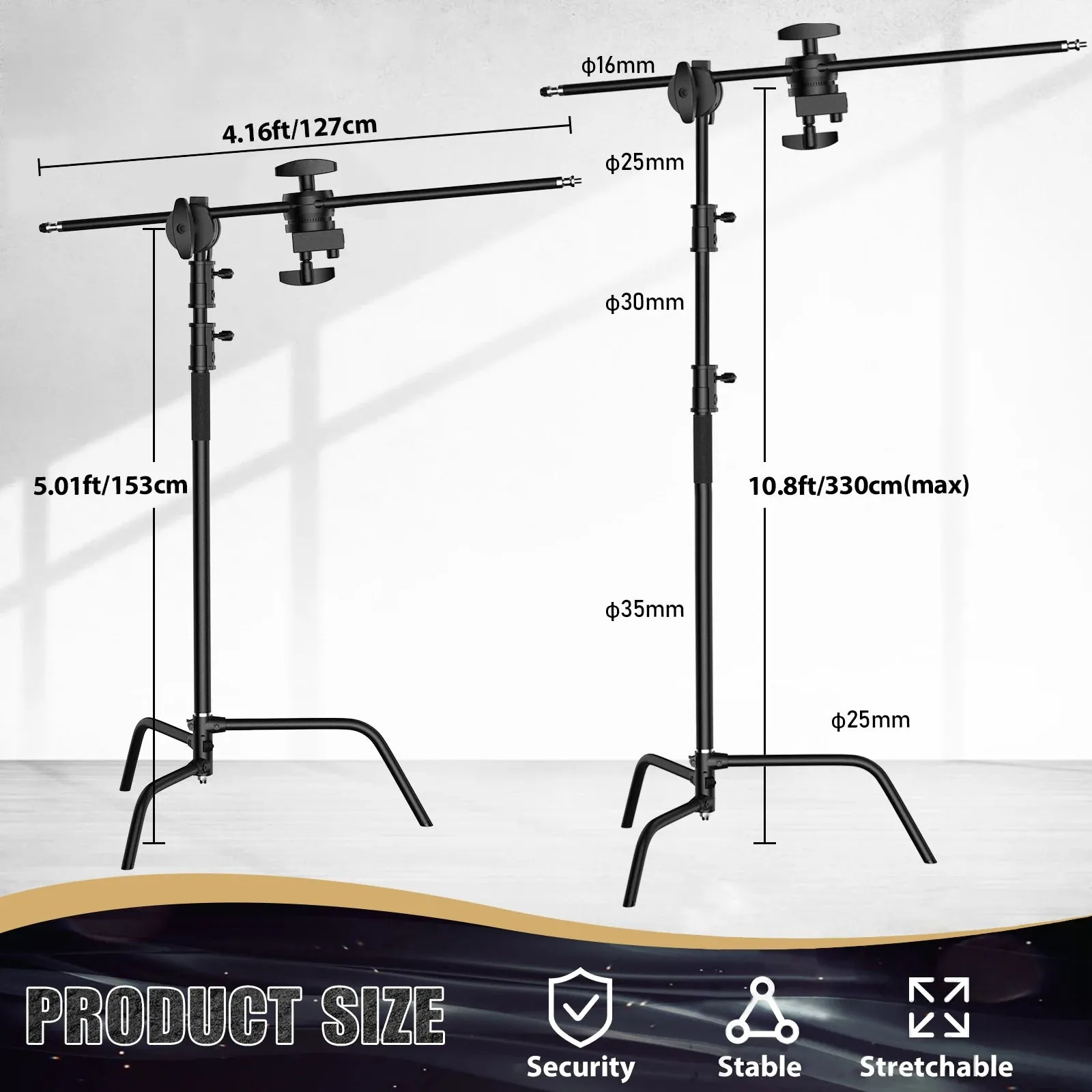 Hridz 150-330cm Black Heavy Duty C-Stand Adjustable Light Stand Load 20KG Capacity