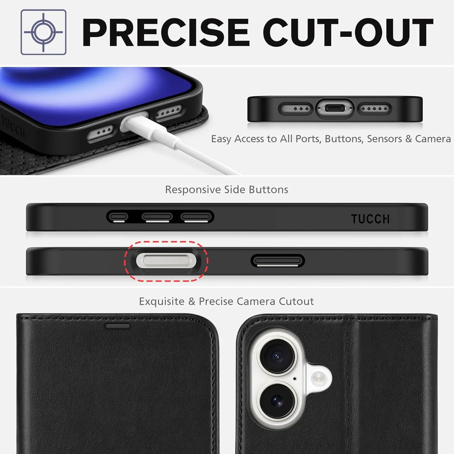 iPhone 16 Leather Magnetic Closure Protective Flip Cover Compatible  Black