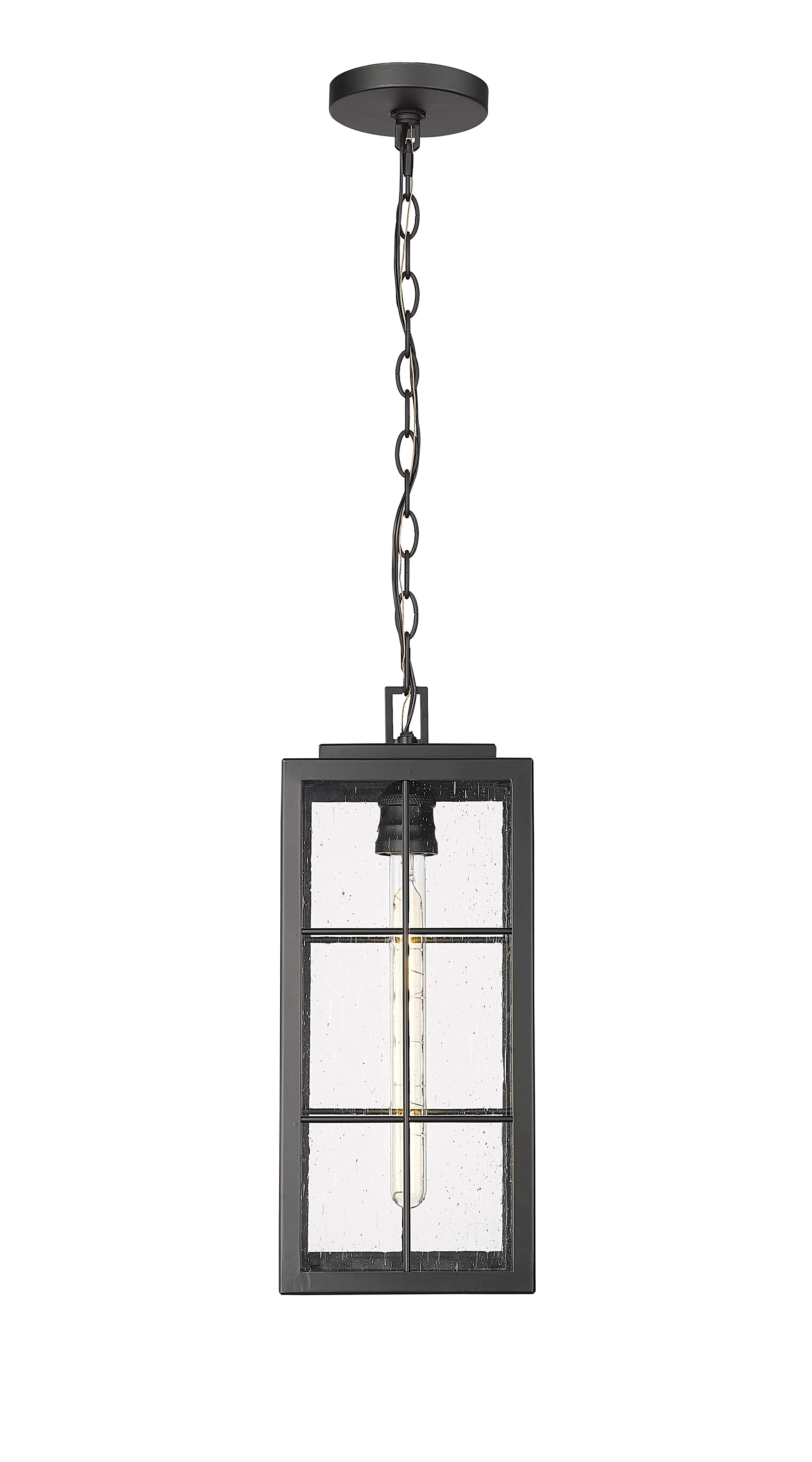 Jaxson Outdoor Hanging Lantern - Powder Coated Black - Clear Seeded Glass - 7.5in. Diameter - E26 Medium Base