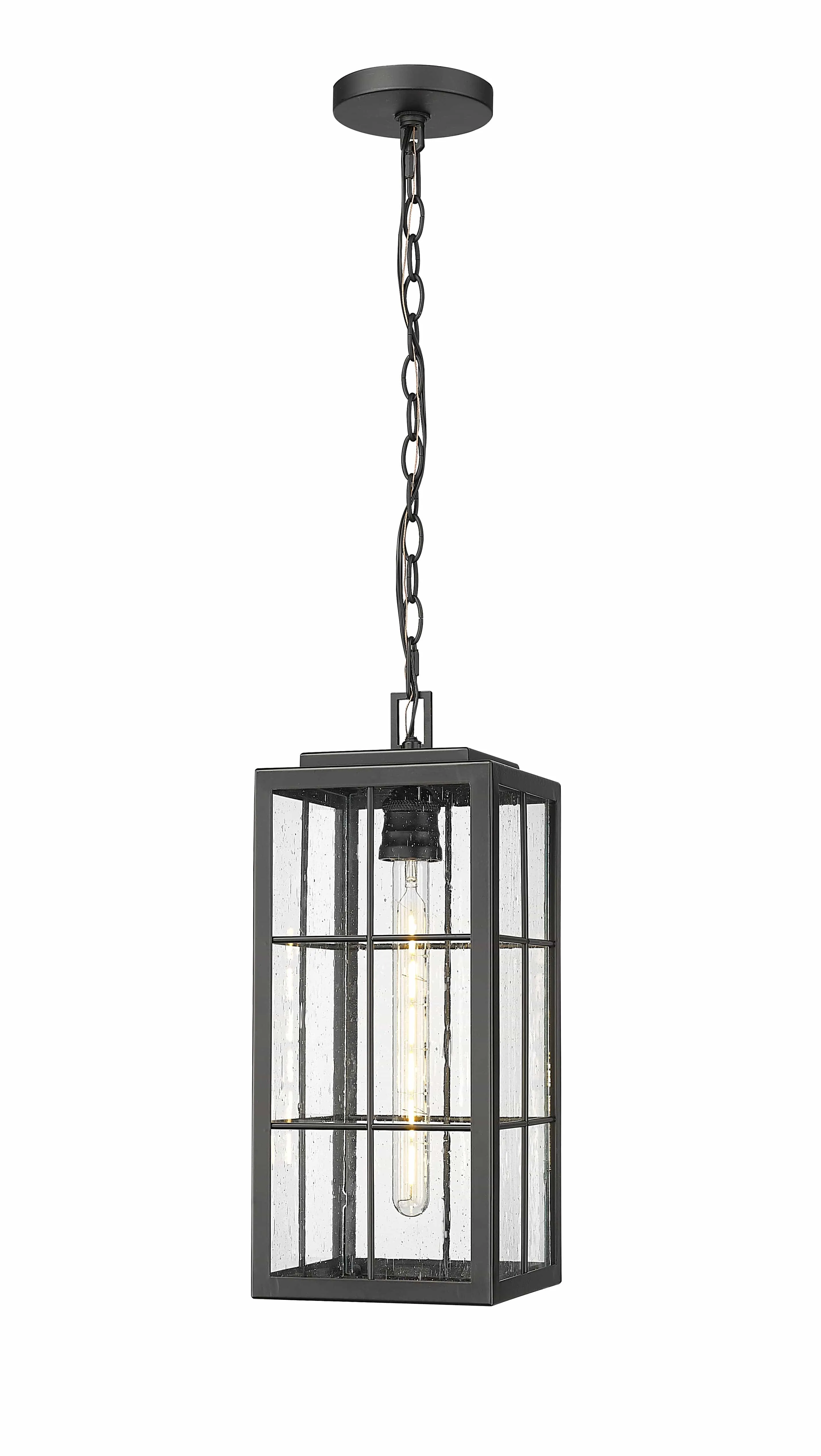 Jaxson Outdoor Hanging Lantern - Powder Coated Black - Clear Seeded Glass - 7.5in. Diameter - E26 Medium Base