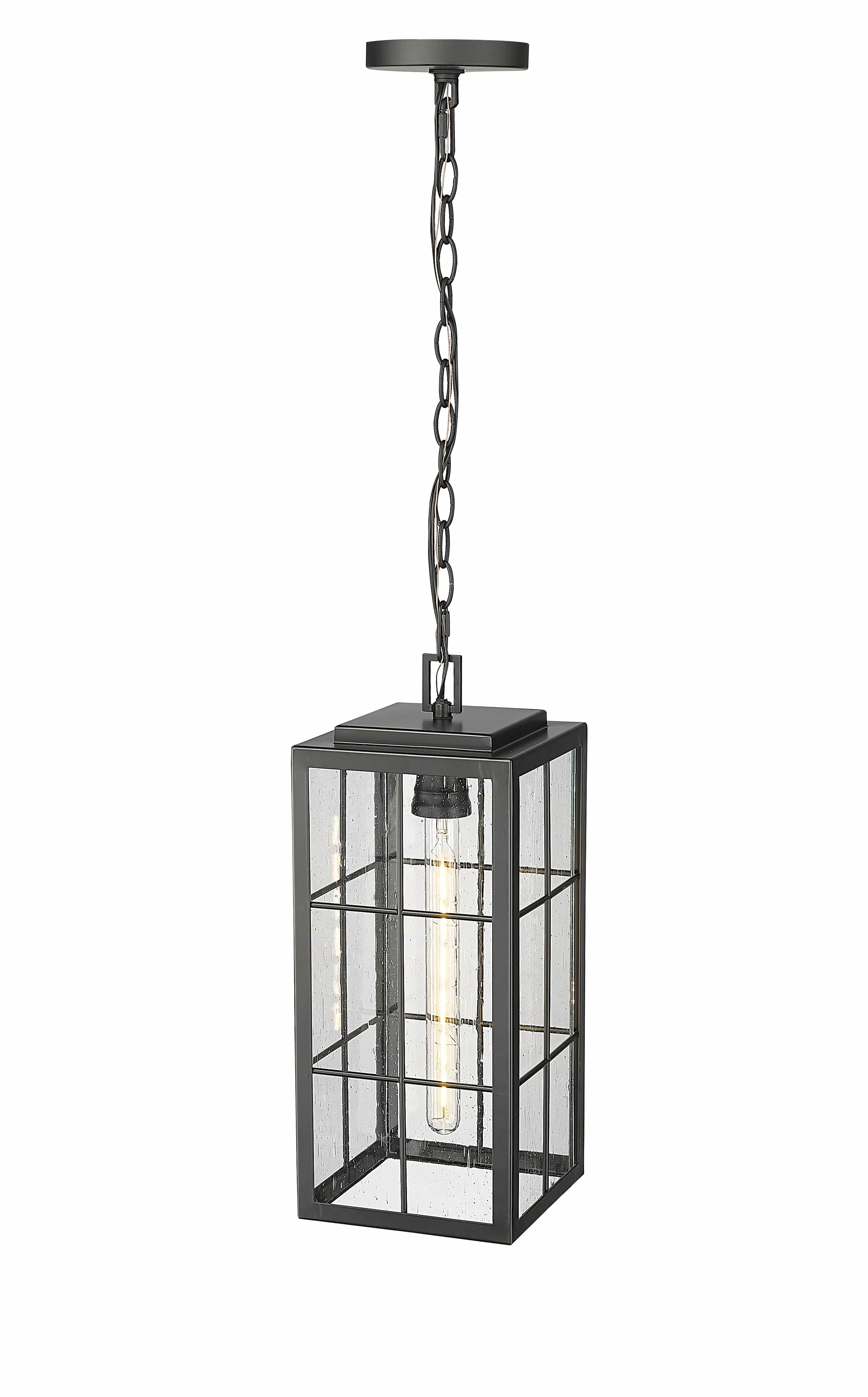 Jaxson Outdoor Hanging Lantern - Powder Coated Black - Clear Seeded Glass - 7.5in. Diameter - E26 Medium Base