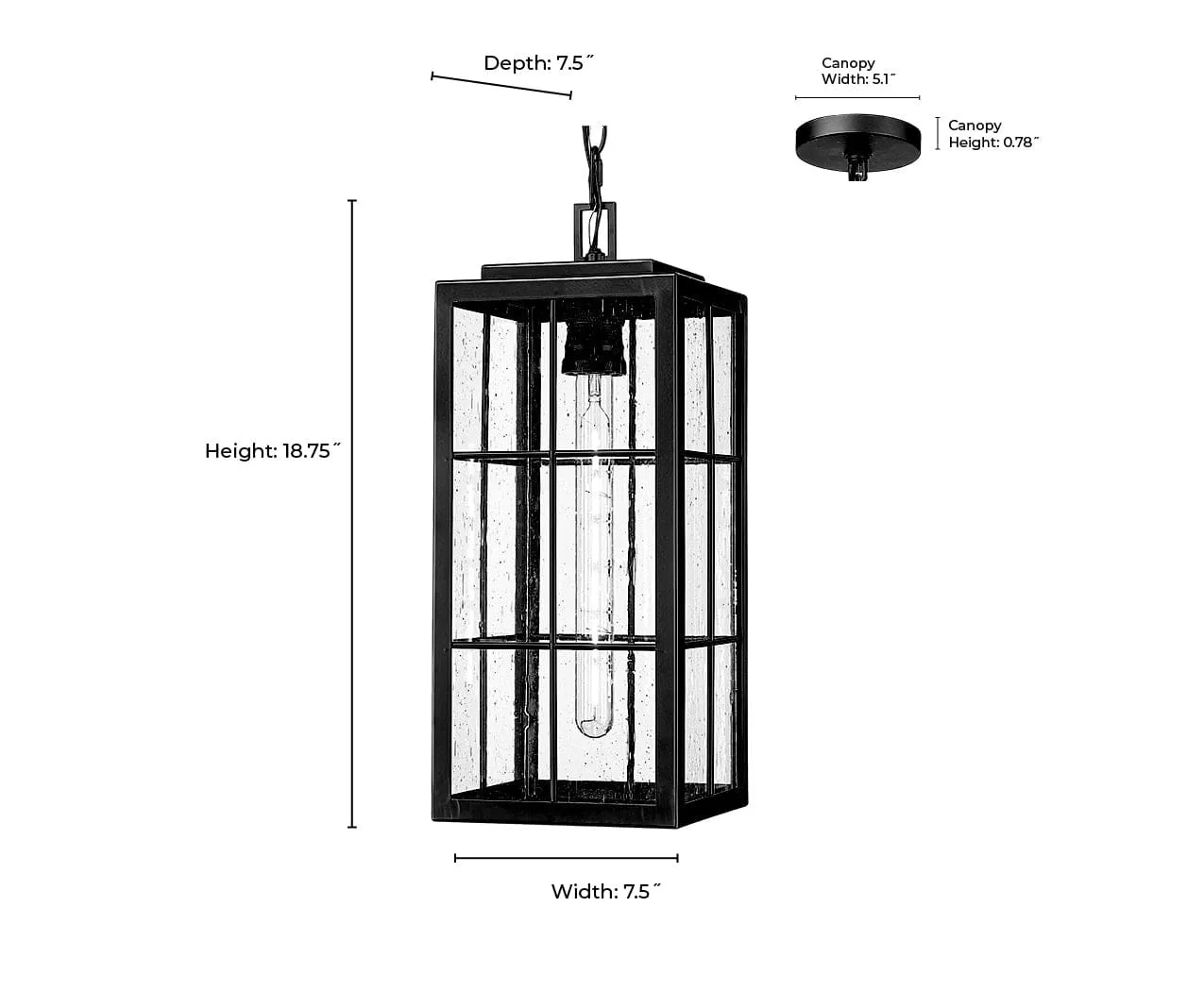 Jaxson Outdoor Hanging Lantern - Powder Coated Black - Clear Seeded Glass - 7.5in. Diameter - E26 Medium Base