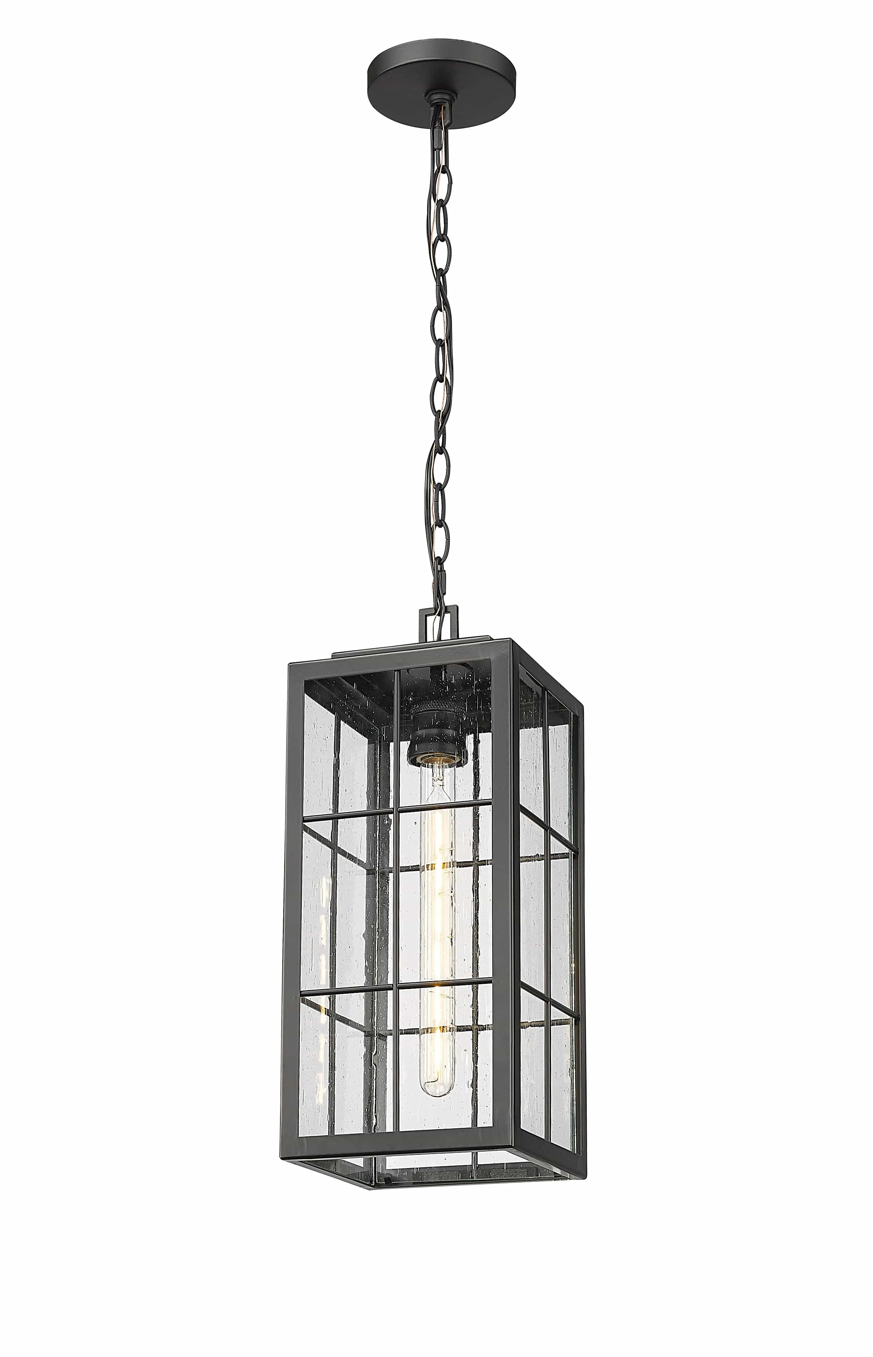 Jaxson Outdoor Hanging Lantern - Powder Coated Black - Clear Seeded Glass - 7.5in. Diameter - E26 Medium Base