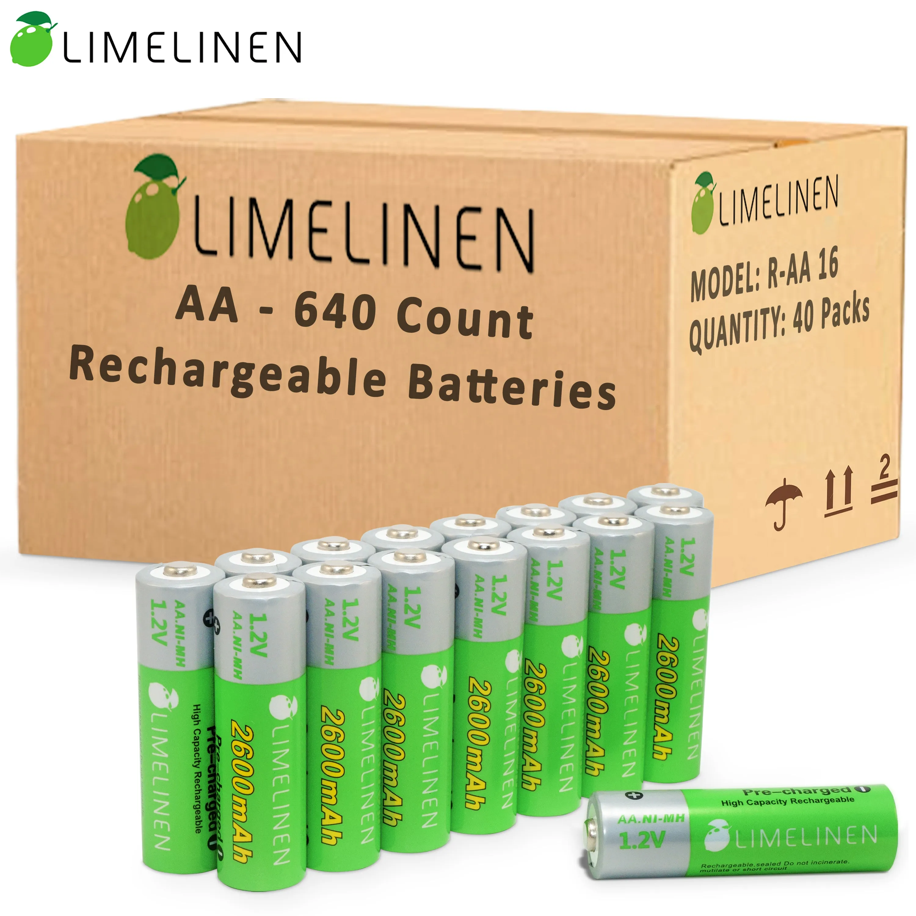 LIMELINEN AA Rechargeable Batteries - Ni-MH (2600 mAh / 1.2V), High-Capacity, Pre-Charged, CASE of 640-Count