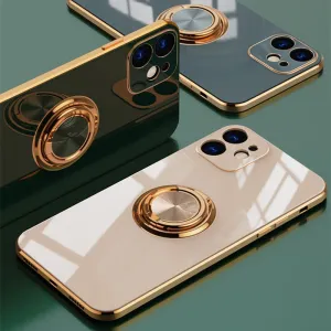 Luxury Plating Silicone Case For iPhone 13/ 12/ 11/ Pro/ Pro Max/ Mini, Metal Ring Holder Stand Soft Phone Cover