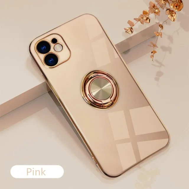 Luxury Plating Silicone Case For iPhone 13/ 12/ 11/ Pro/ Pro Max/ Mini, Metal Ring Holder Stand Soft Phone Cover