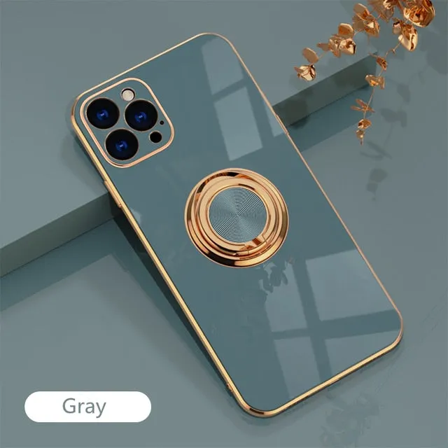 Luxury Plating Silicone Case For iPhone 13/ 12/ 11/ Pro/ Pro Max/ Mini, Metal Ring Holder Stand Soft Phone Cover