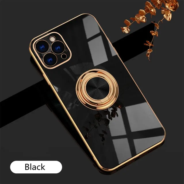 Luxury Plating Silicone Case For iPhone 13/ 12/ 11/ Pro/ Pro Max/ Mini, Metal Ring Holder Stand Soft Phone Cover