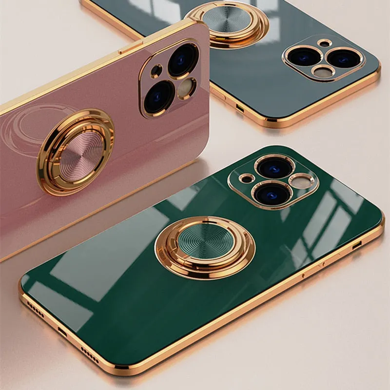 Luxury Plating Silicone Case For iPhone 13/ 12/ 11/ Pro/ Pro Max/ Mini, Metal Ring Holder Stand Soft Phone Cover