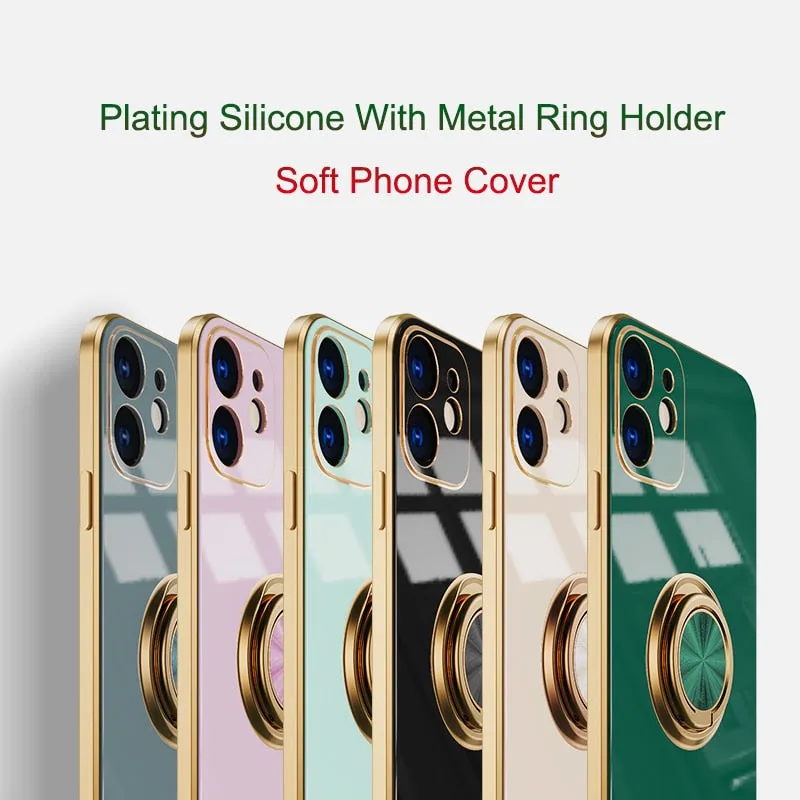 Luxury Plating Silicone Case For iPhone 13/ 12/ 11/ Pro/ Pro Max/ Mini, Metal Ring Holder Stand Soft Phone Cover