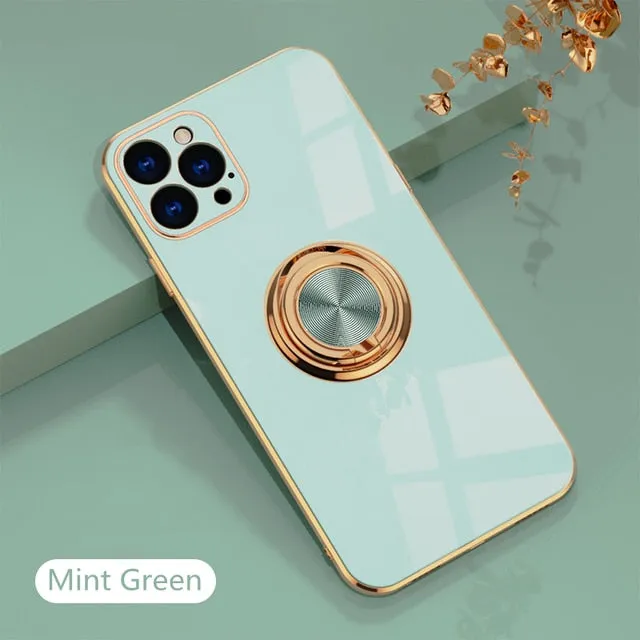 Luxury Plating Silicone Case For iPhone 13/ 12/ 11/ Pro/ Pro Max/ Mini, Metal Ring Holder Stand Soft Phone Cover