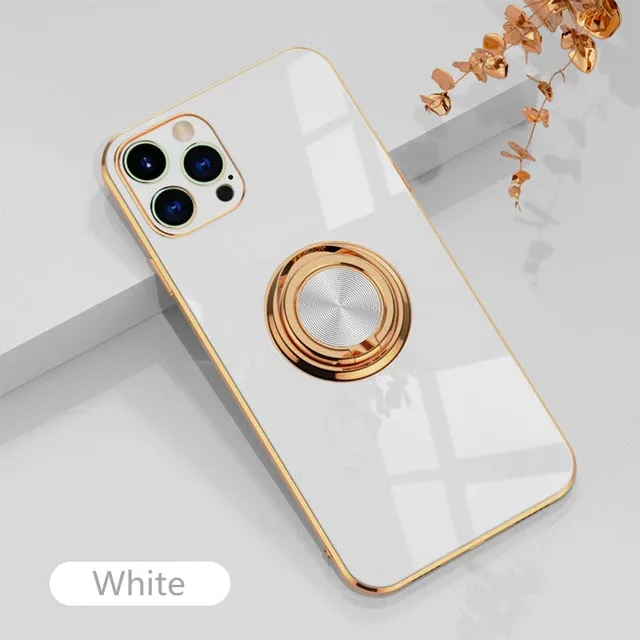 Luxury Plating Silicone Case For iPhone 13/ 12/ 11/ Pro/ Pro Max/ Mini, Metal Ring Holder Stand Soft Phone Cover