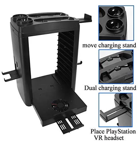 Skywin Charging Station Compatible with PS4 VR Headset - PSVR Charging Stand with Game Disc Rack, Headset and Console Stand, Cooling Fan, Controller Charger and USB Hub - Multipurpose VR Stand