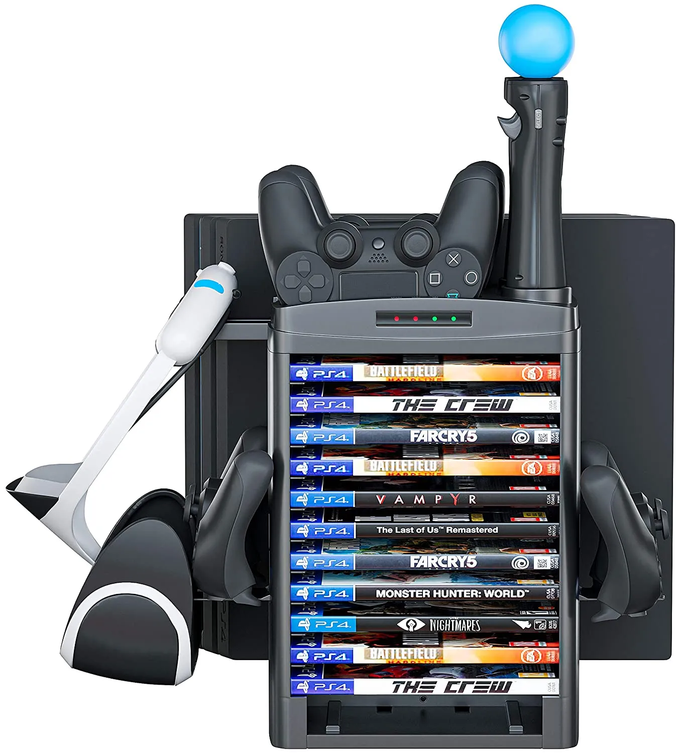 Skywin Charging Station Compatible with PS4 VR Headset - PSVR Charging Stand with Game Disc Rack, Headset and Console Stand, Cooling Fan, Controller Charger and USB Hub - Multipurpose VR Stand