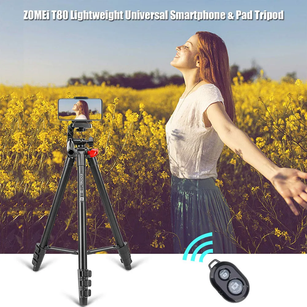 Zomei T80 Portable Tripod with Phone Clip and Bluetooth Remote Control Black Red